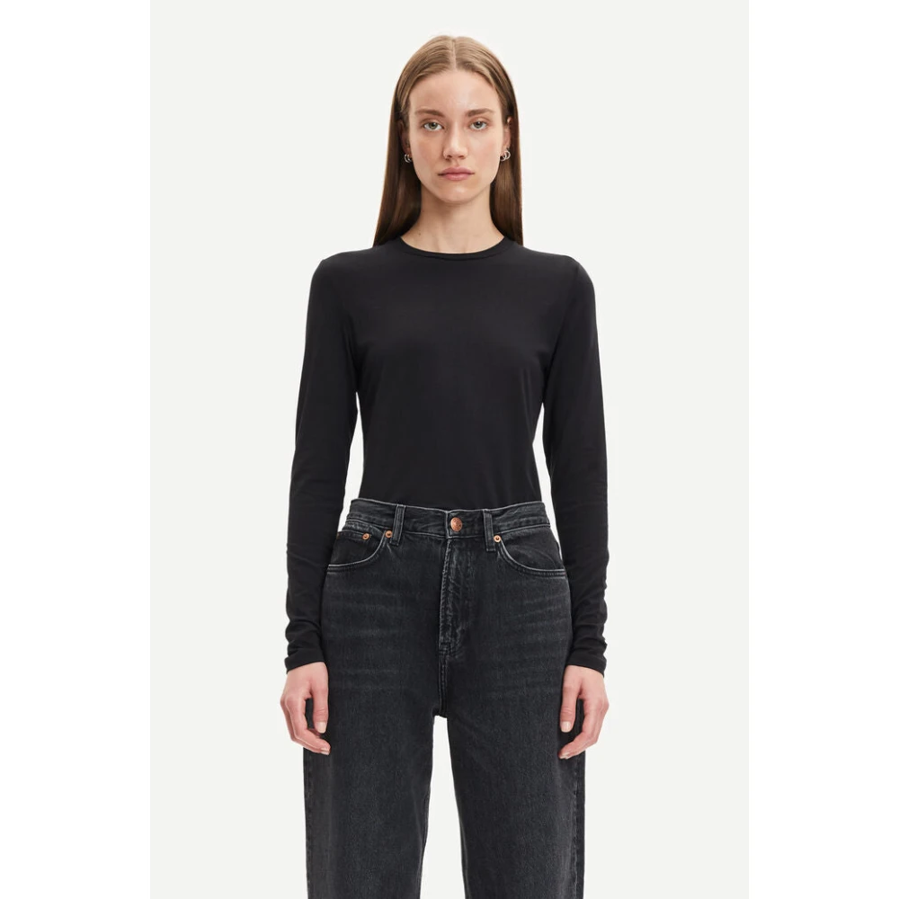 Samsøe Lange mouw ronde hals T-shirt Black Dames