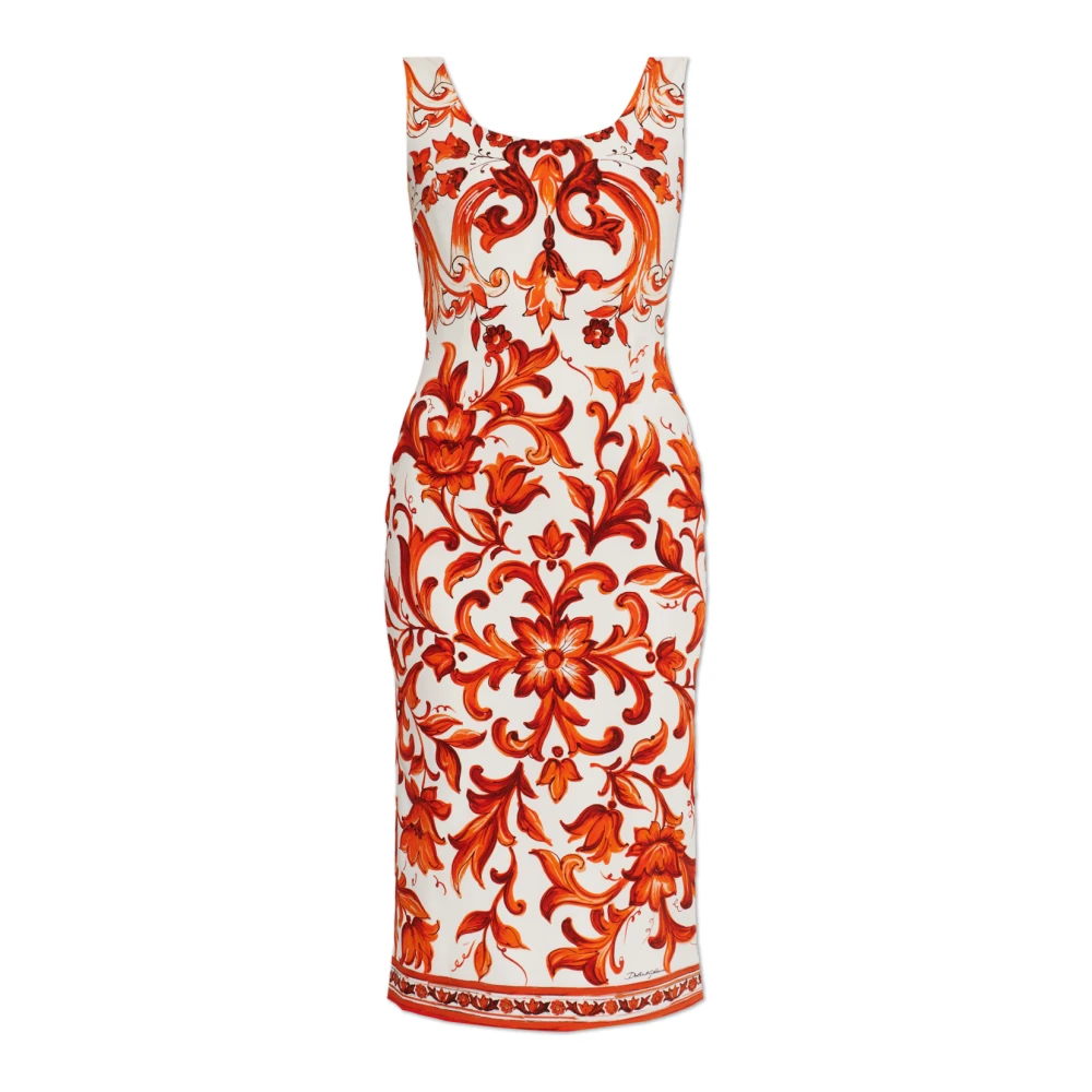 Dolce & Gabbana Orange Midi Dresses, Female, Xs, Silk Midi Dress With 'Majolica' Print