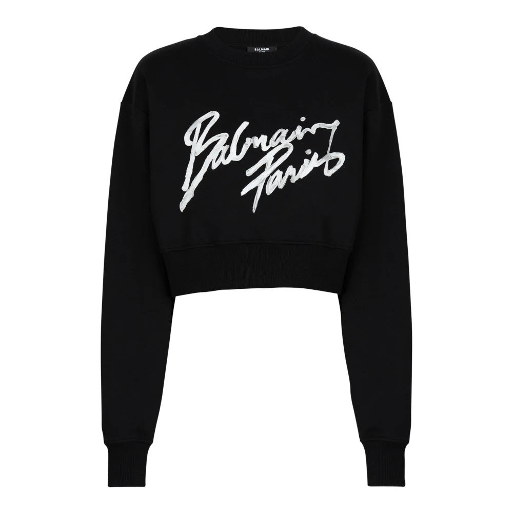 Balmain Women's Black Cropped Printed Cotton Sweatshirt