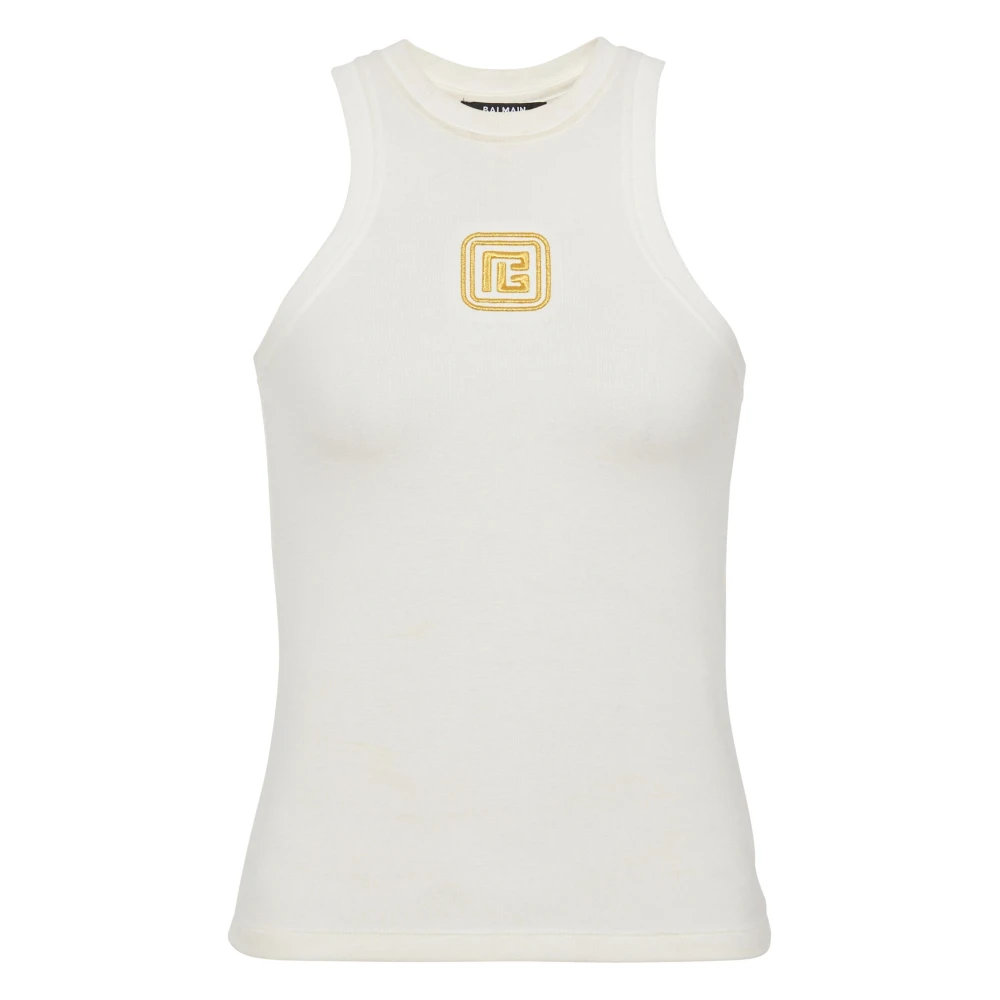 Balmain Witte Mouwloze Halter Top Retro Logo White Dames