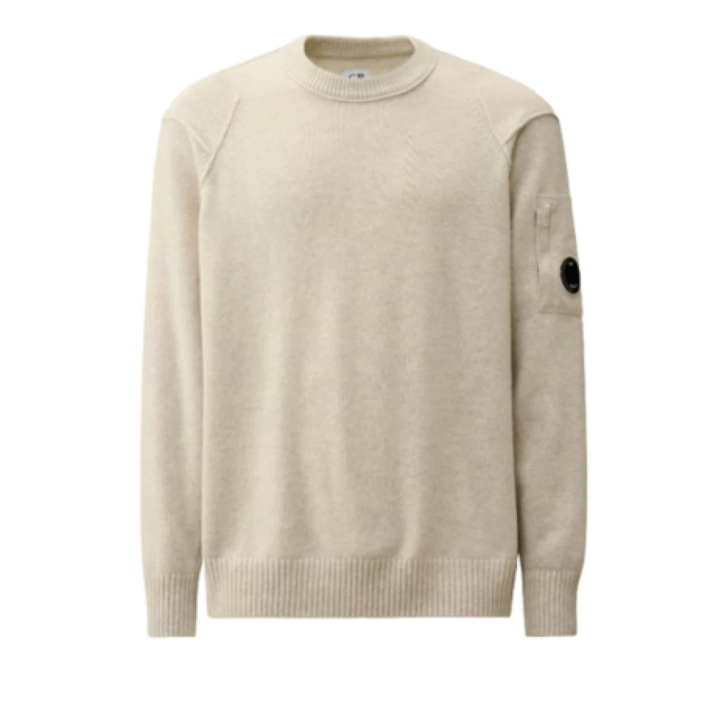 C.p. Company Men's Beige Round-Neck Knitwear, L, Ribbed Crew Neck Wool Jumper