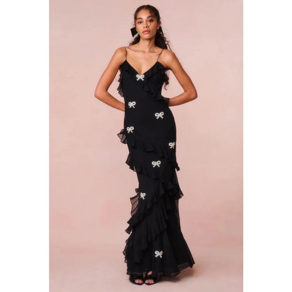 Loveshackfancy Maxi Zijden Jurk met Kristalboogversiering Black Dames