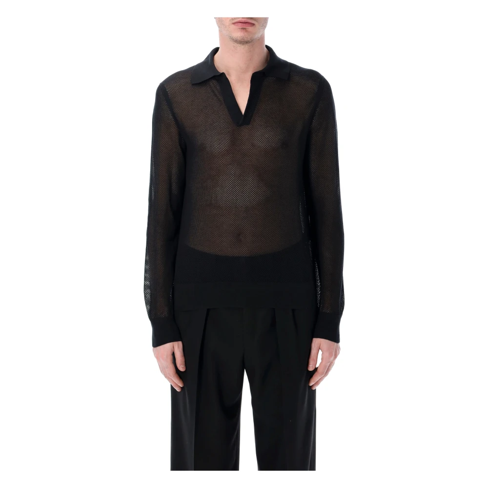 Tom Ford Men's Black V-Neck Knitwear, M, Mesh Cotton Silk V-Neck Knit