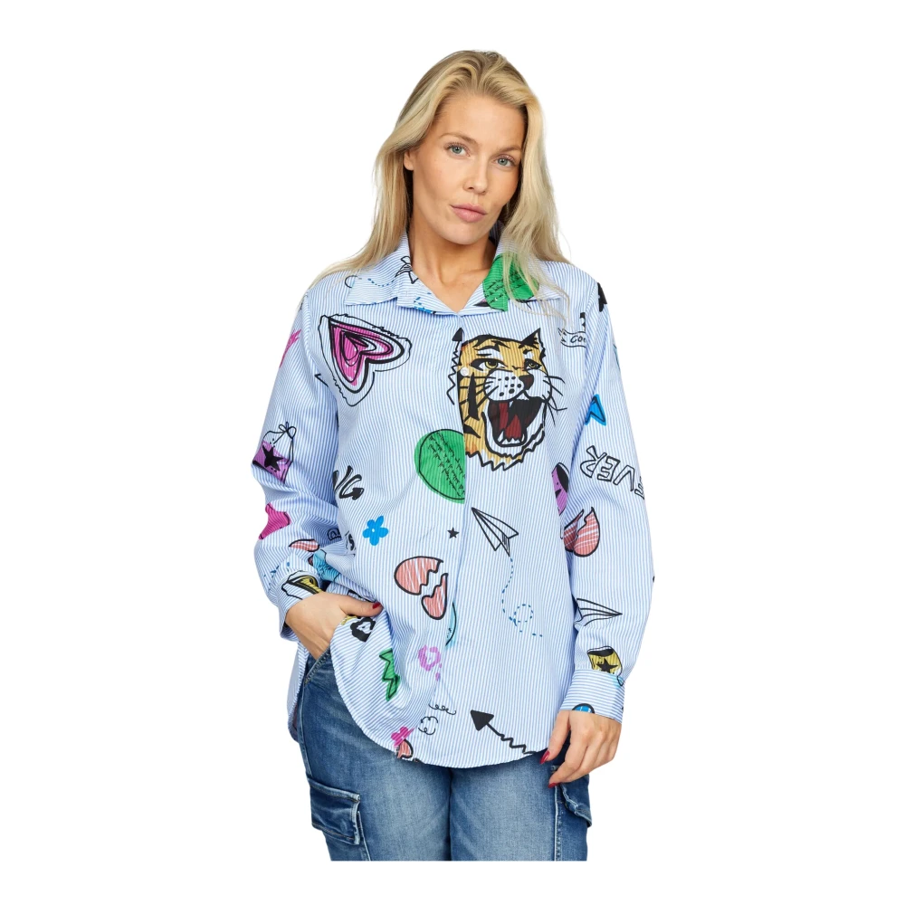 2-Biz Grafische Print Shirt Lichtblauw Multicolor Dames