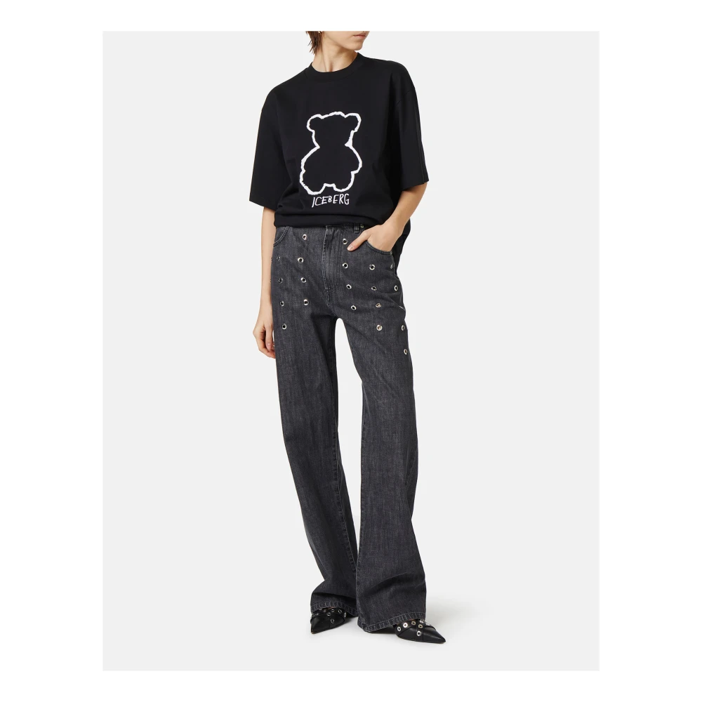 Iceberg Zwart katoenen jersey T-shirt met beerprint Black Dames