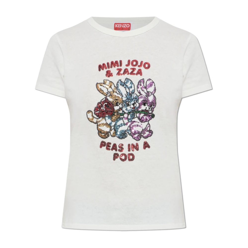 Kenzo Kvinno Vit Toppar Dam, M, Paljetter, T-Shirt Med Skimrande Paljetter