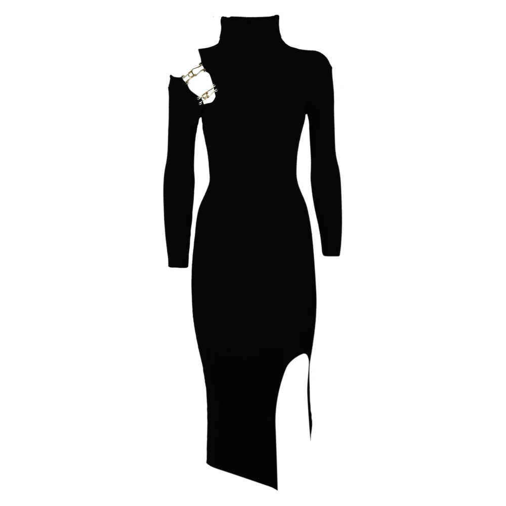 Simona Corsellini Zwarte geribbelde jurk met hoge hals en zijsplit Black Dames