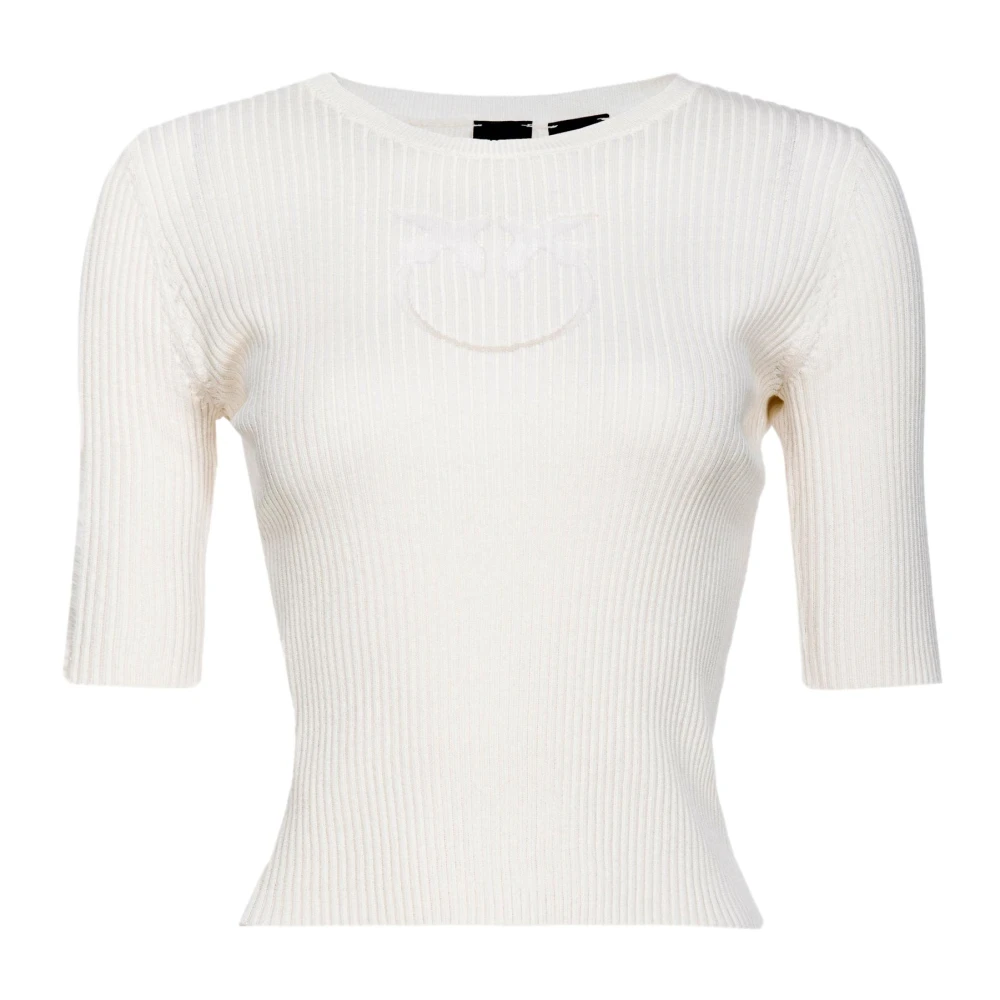 Pinko Women's White T-Shirts, Xl, Ribbed Cotton And Silk Top With Transparent Logo