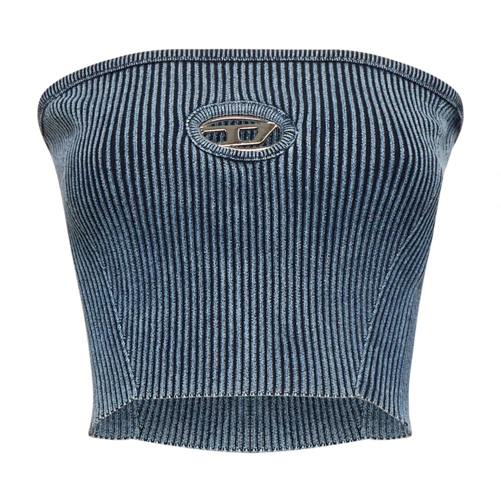 Diesel Kvinno Blå Toppar Dam, S, Bomull, Indigo Ärmlös Intarsia Topp