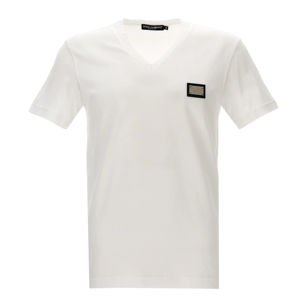 Dolce & Gabbana Men's White T-Shirts, 3XL, Cotton V-Neck T-Shirt With Branded Tag