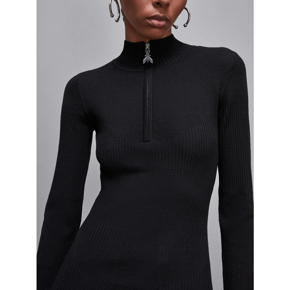 PATRIZIA PEPE Zwarte Geribbelde Wollen Midi Jurk Black Dames