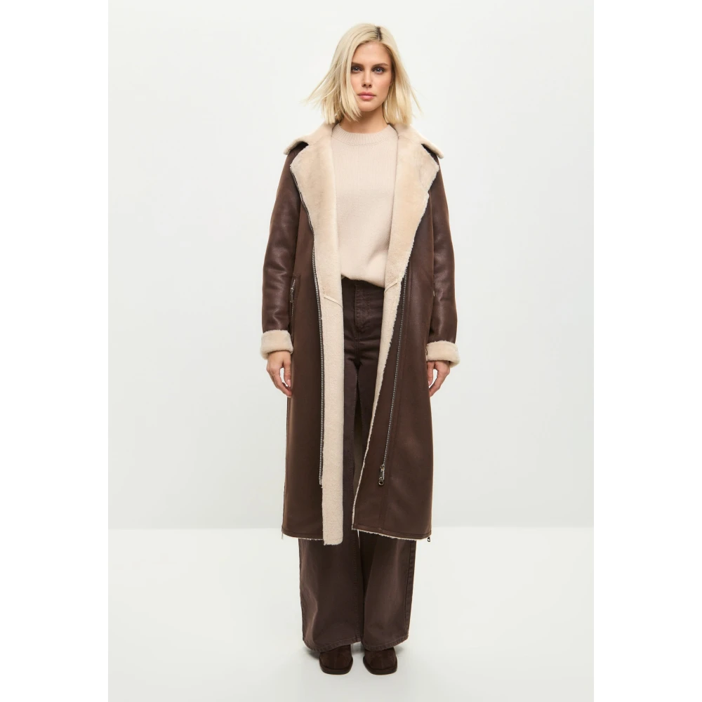 Cesare Gaspari Bruine Faux Reversible Shearling Lange Jas Brown Dames