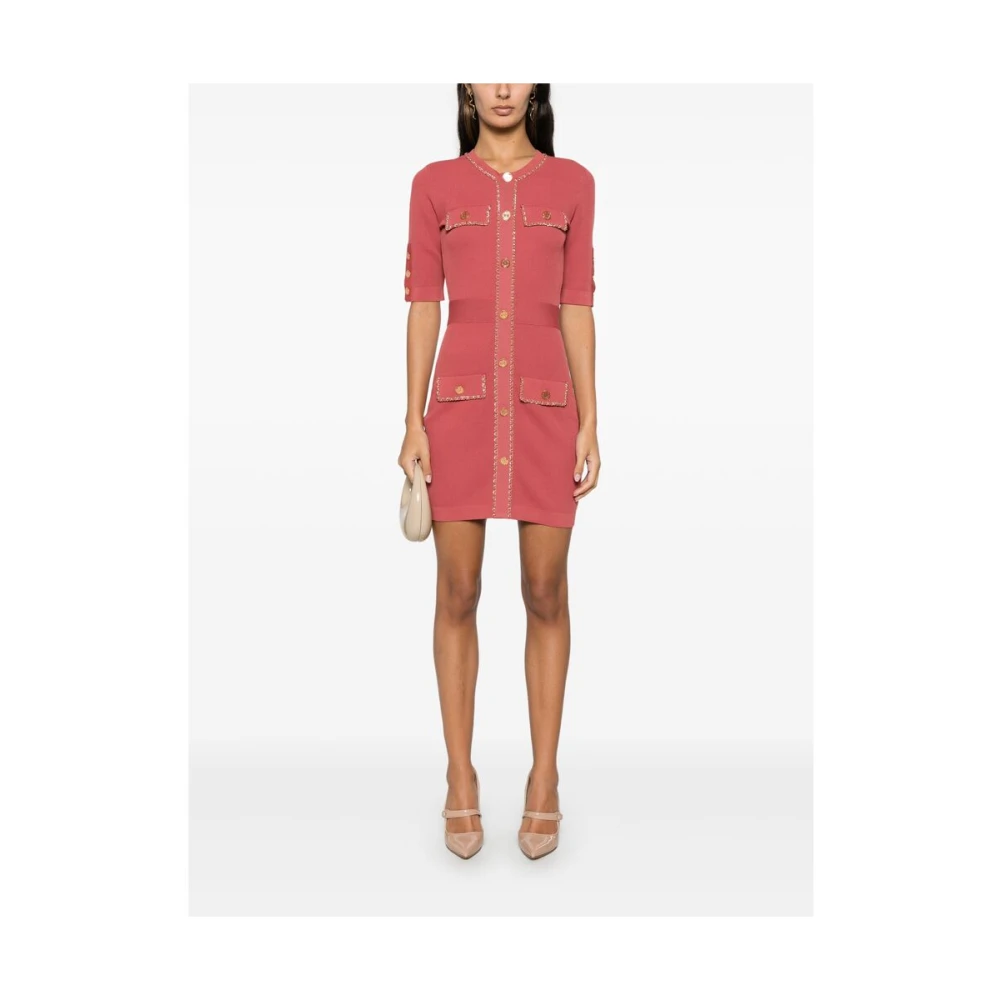 Elisabetta Franchi Roestbruine Gebreide Jurk Ketting-Link Trim Brown Dames