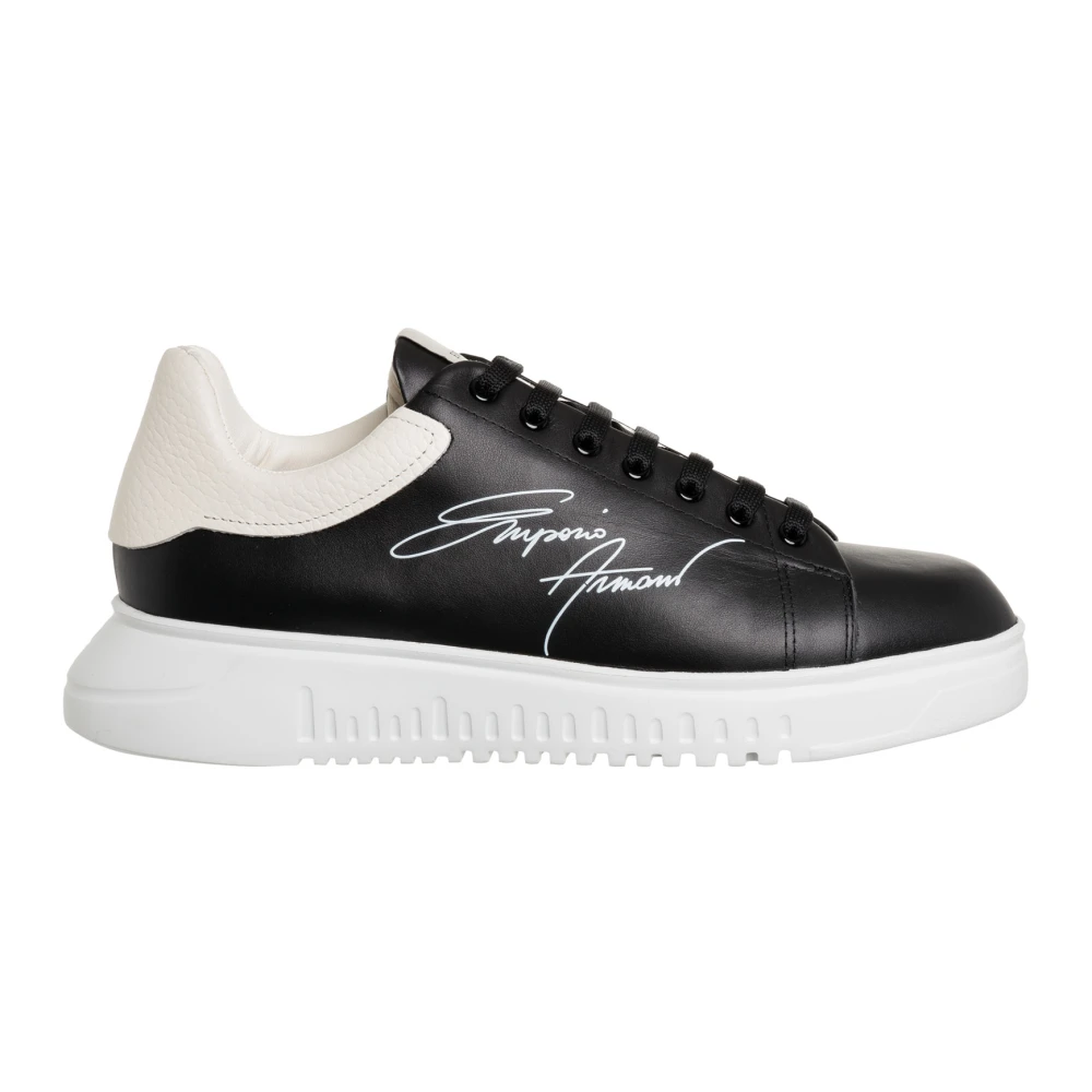 Emporio Armani Läder Snörning Sneakers Enkel Mönster Black, Herr