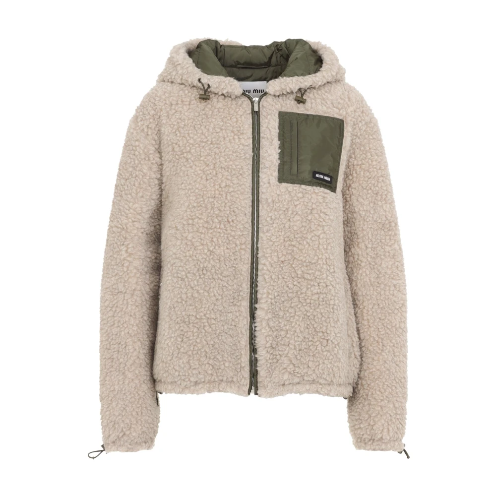 Miu Miu Women's Beige Faux Fur & Shearling Jackets, M, Wool Blouson Jacket
