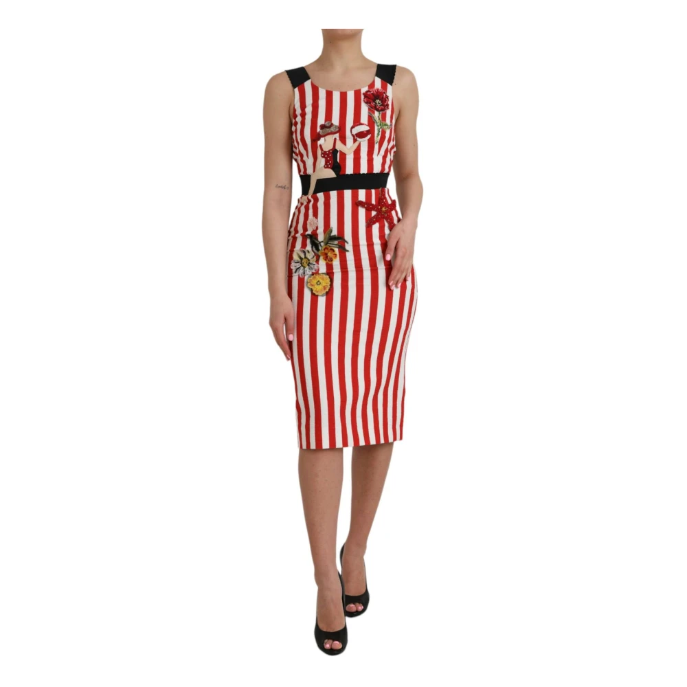 Dolce & Gabbana Rood Wit Bloemig Mouwloos Midi Jurk White Dames