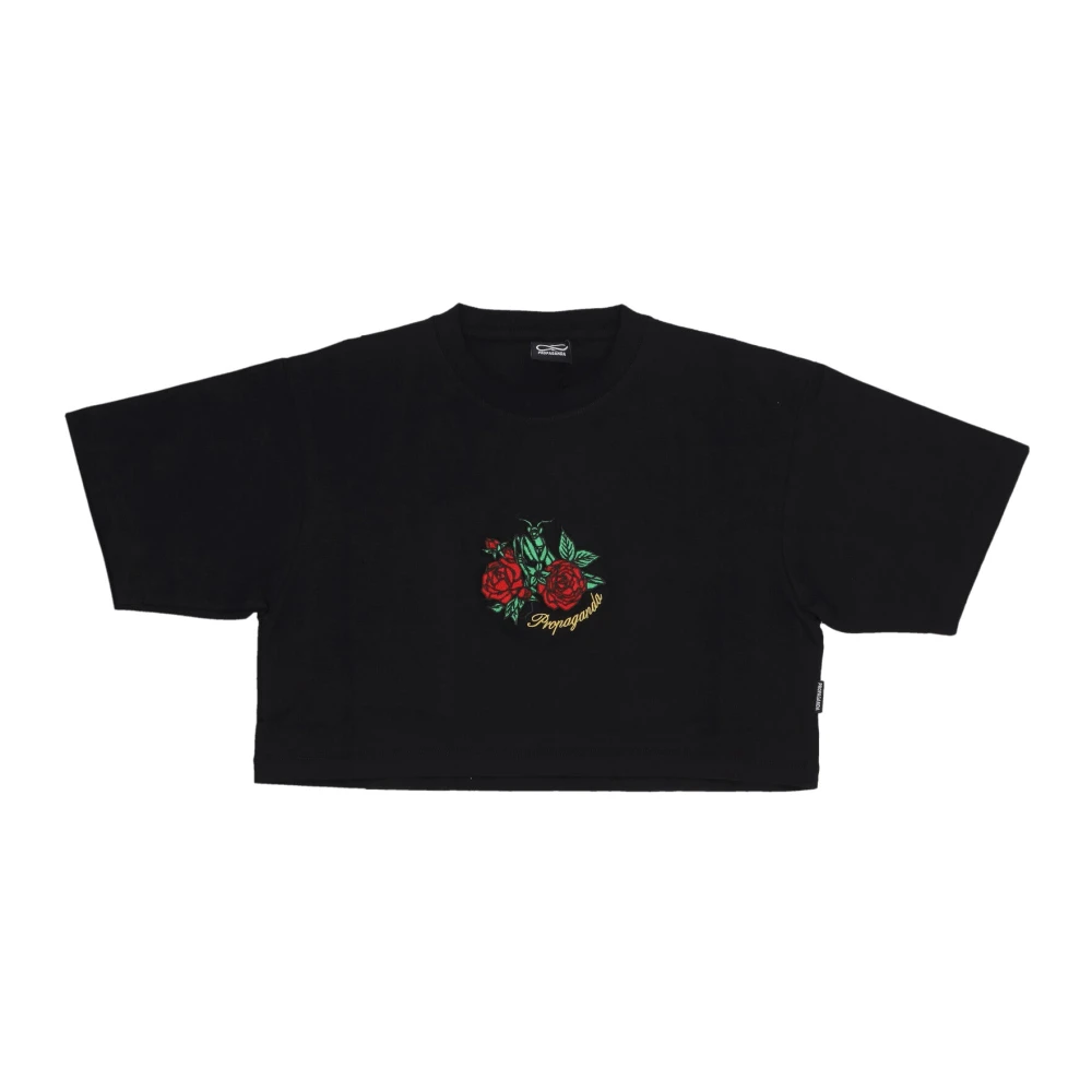 Propaganda Zwarte Croptop Tee met Mantis Borduurwerk Black Dames