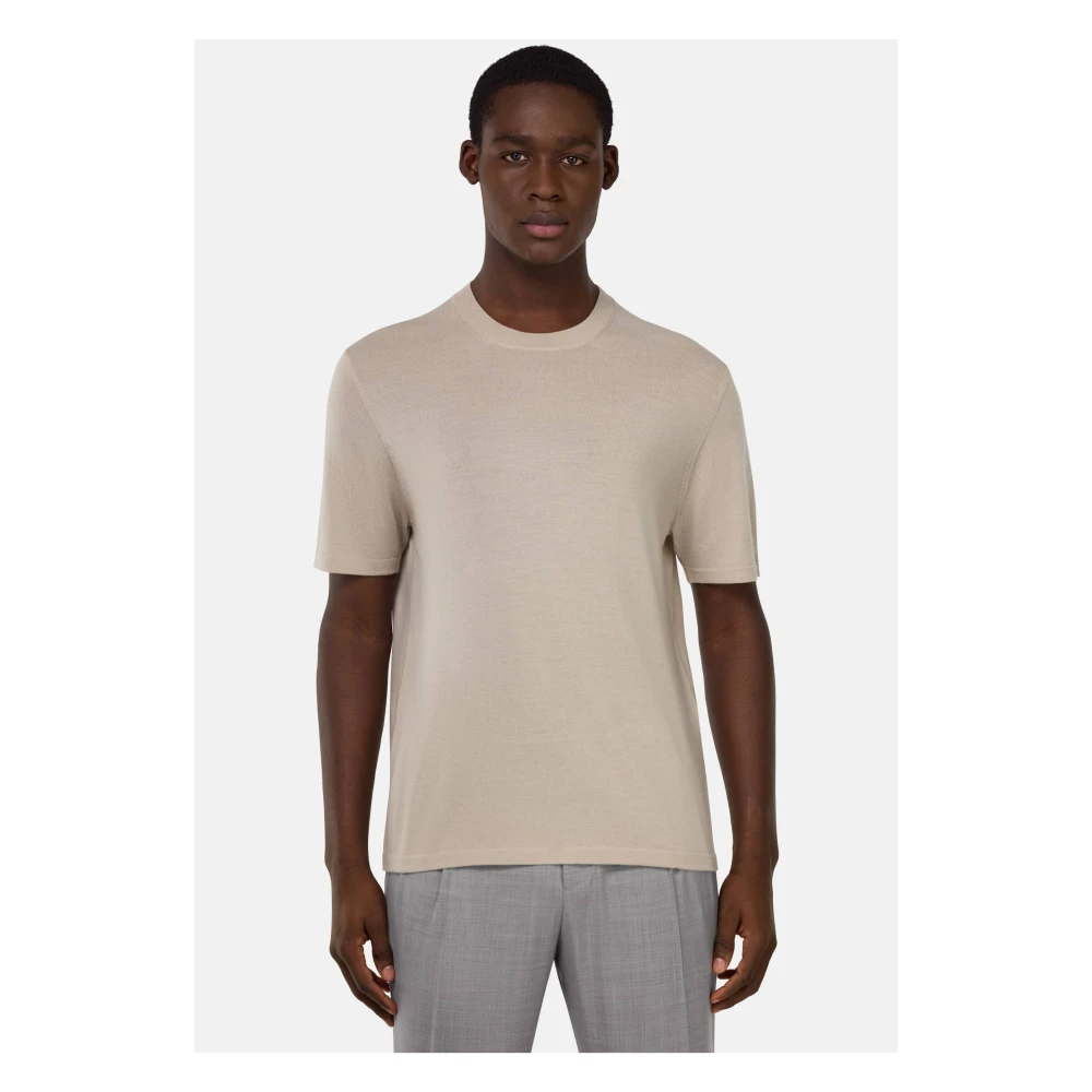 Boggi Milano Gebreid Merinowol T-shirt Beige Heren