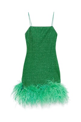 feather-trim-grass-green-dress-with-side-slit