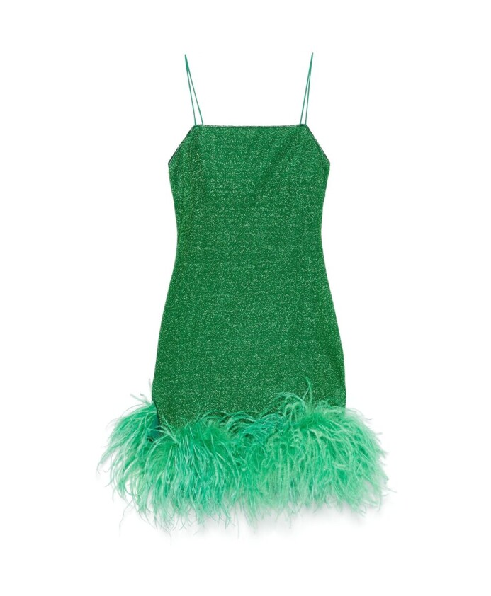 feather-trim-grass-green-dress-with-side-slit