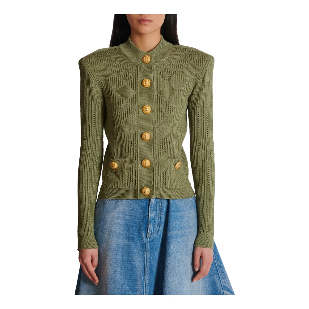 Balmain Gingham Openwork Knit Cardigan Green Dames