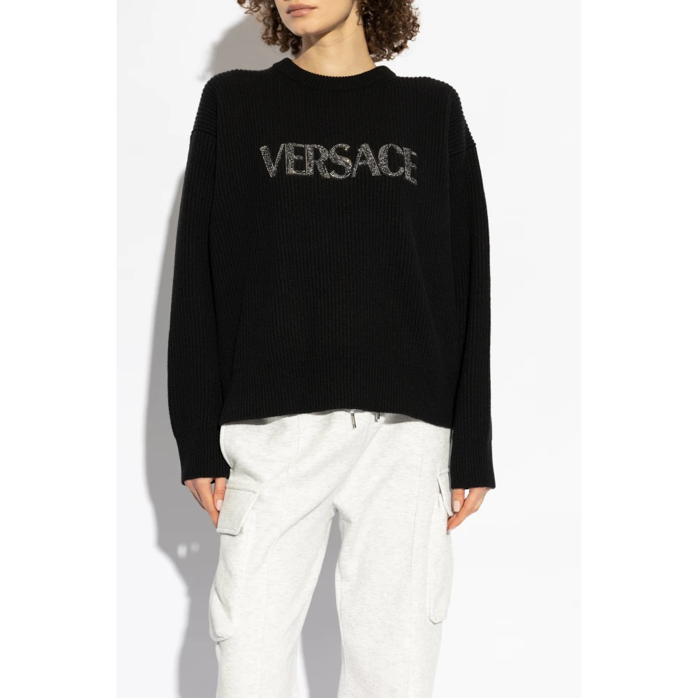 Versace Trui met logo afgewerkt met glinsterende kristallen Black Dames