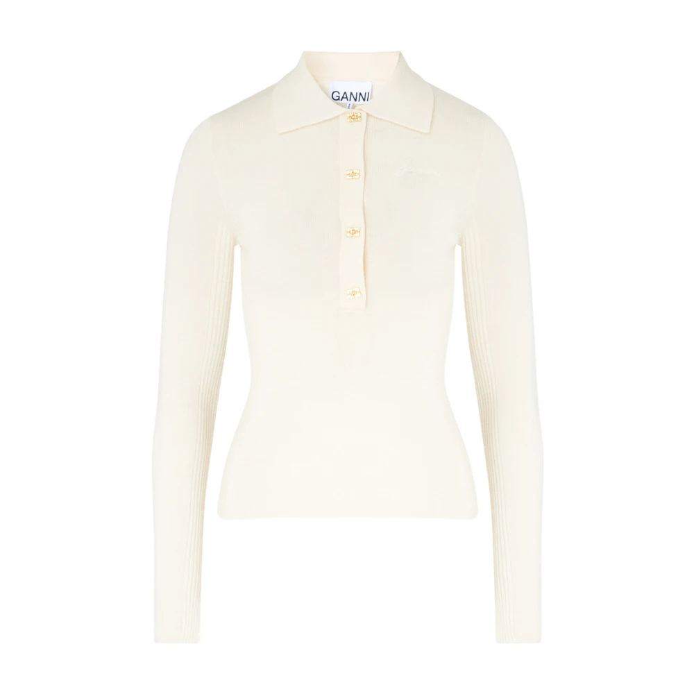 Ganni Geribbeld Merino Polo Shirt Beige Dames