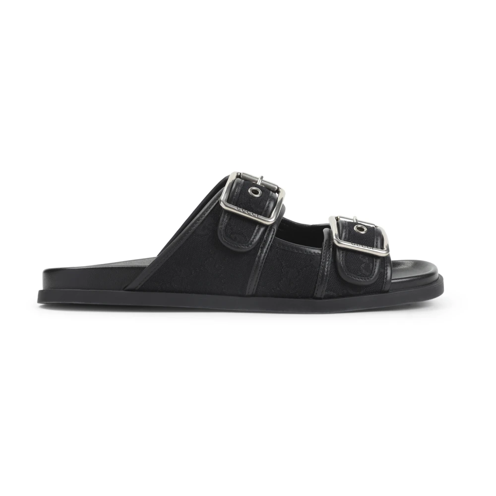 Gucci Men's Black Sliders, 8 1/2 Uk, Gg Slide Sandal With Buckles