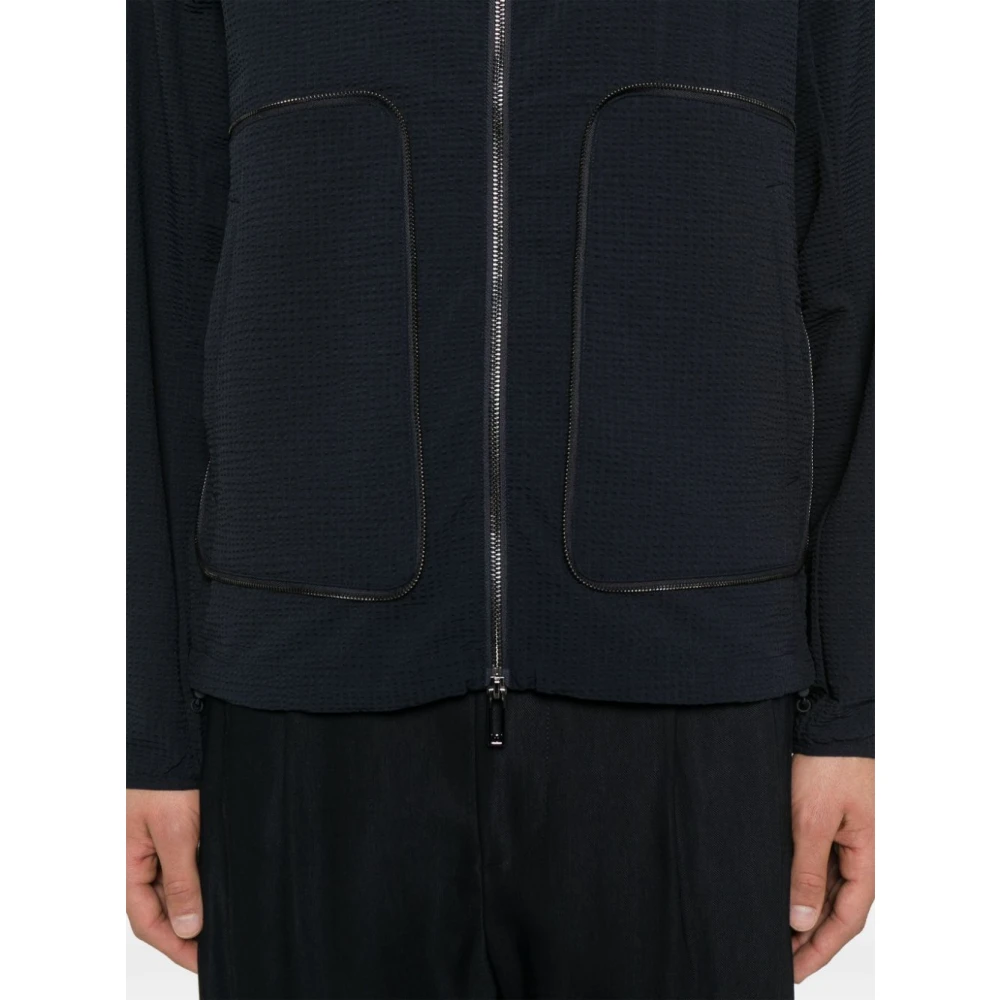 Emporio Armani Blauwe Seersucker Hooded Jas Lichtgewicht Rits Blue Heren