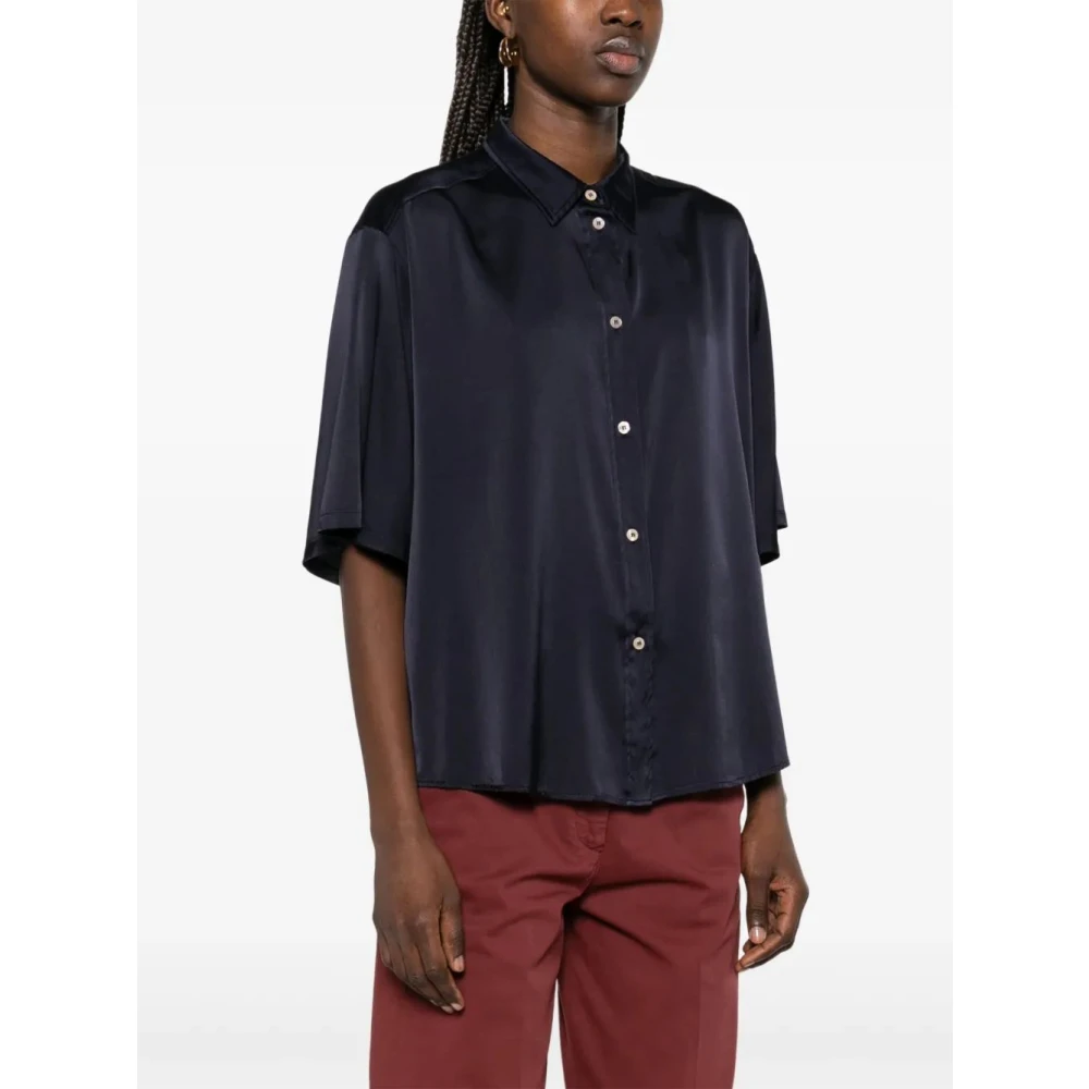Forte Zijden Satijnen Halve Mouw Blouse Blue Dames