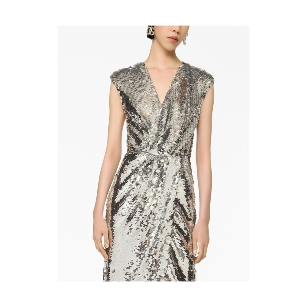 Dolce & Gabbana Zilveren Sequin V-Hals Jurk Gray Dames