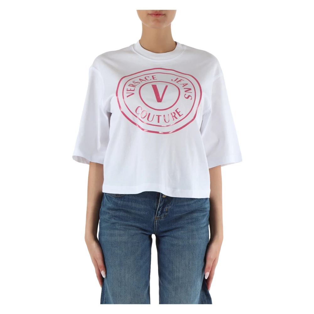 Versace Jeans Couture Glitter Logo Katoenen T-shirt White Dames