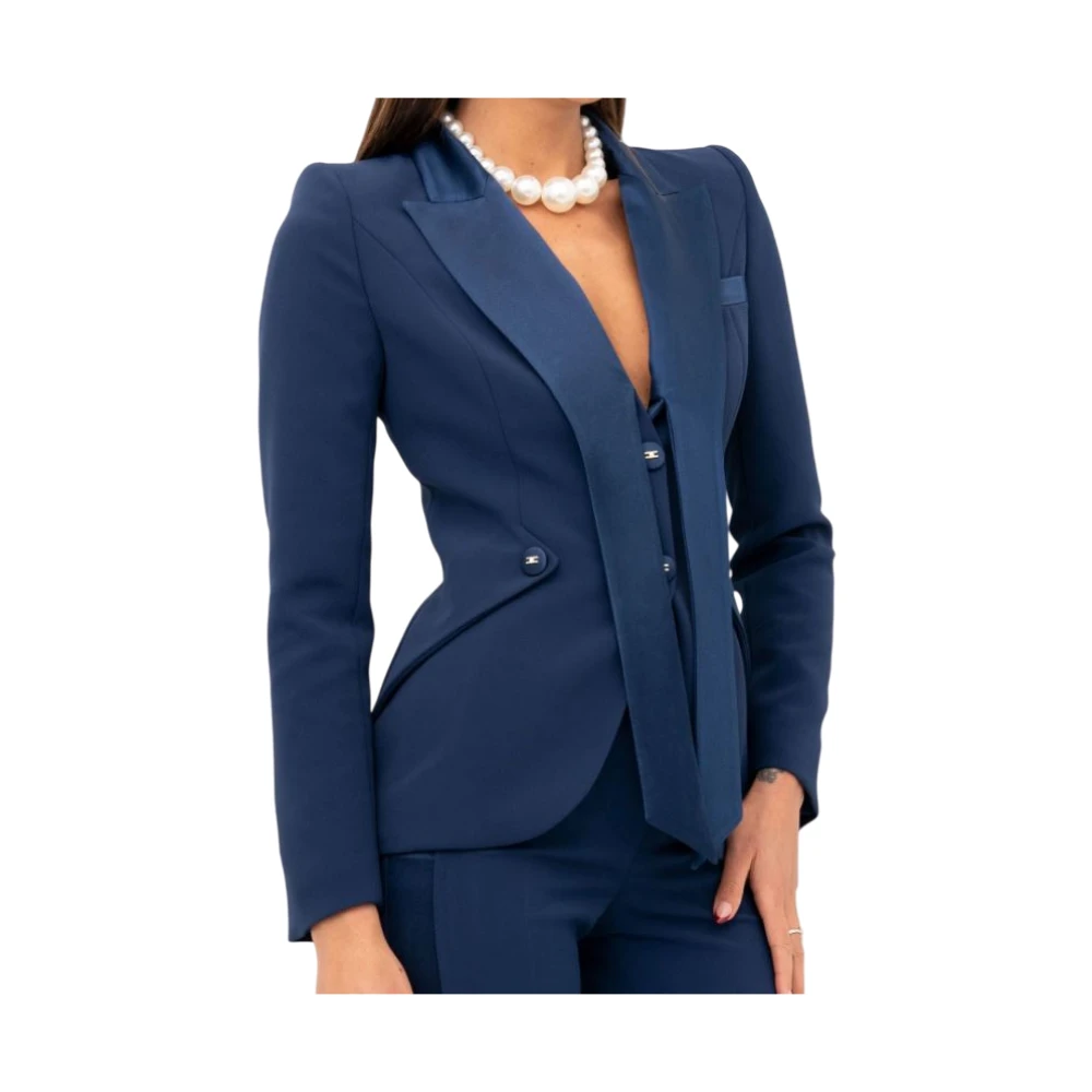 Elisabetta Franchi Blauwe Tuxedo Jas met Glanzende Revers Blue Dames