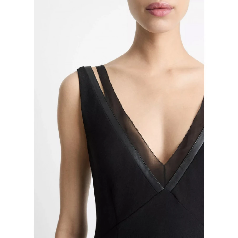 Vince Chiffon Faux-Leather Layered Slip Jurk Black Dames