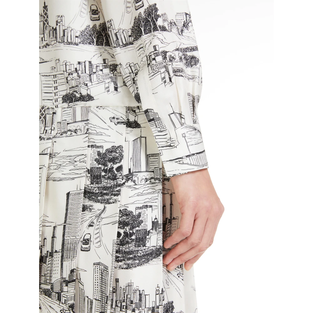 Max Mara Studio Korte zijden bedrukte jurk met geplooide rok White Dames