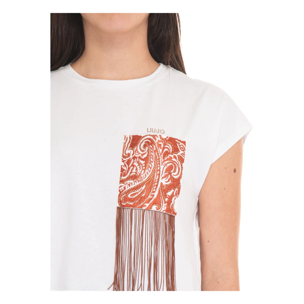 Liu Jo Rhinestone Logo Tassel T-shirt White Dames