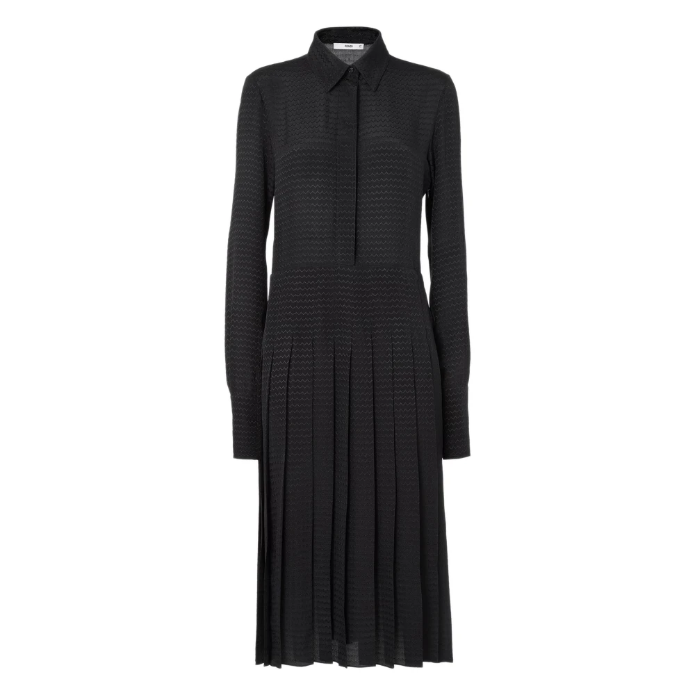 Fendi , Midi Dresses, Female, Black, Xs, Chevron Jacquard Silk Midi Shirt Dress
