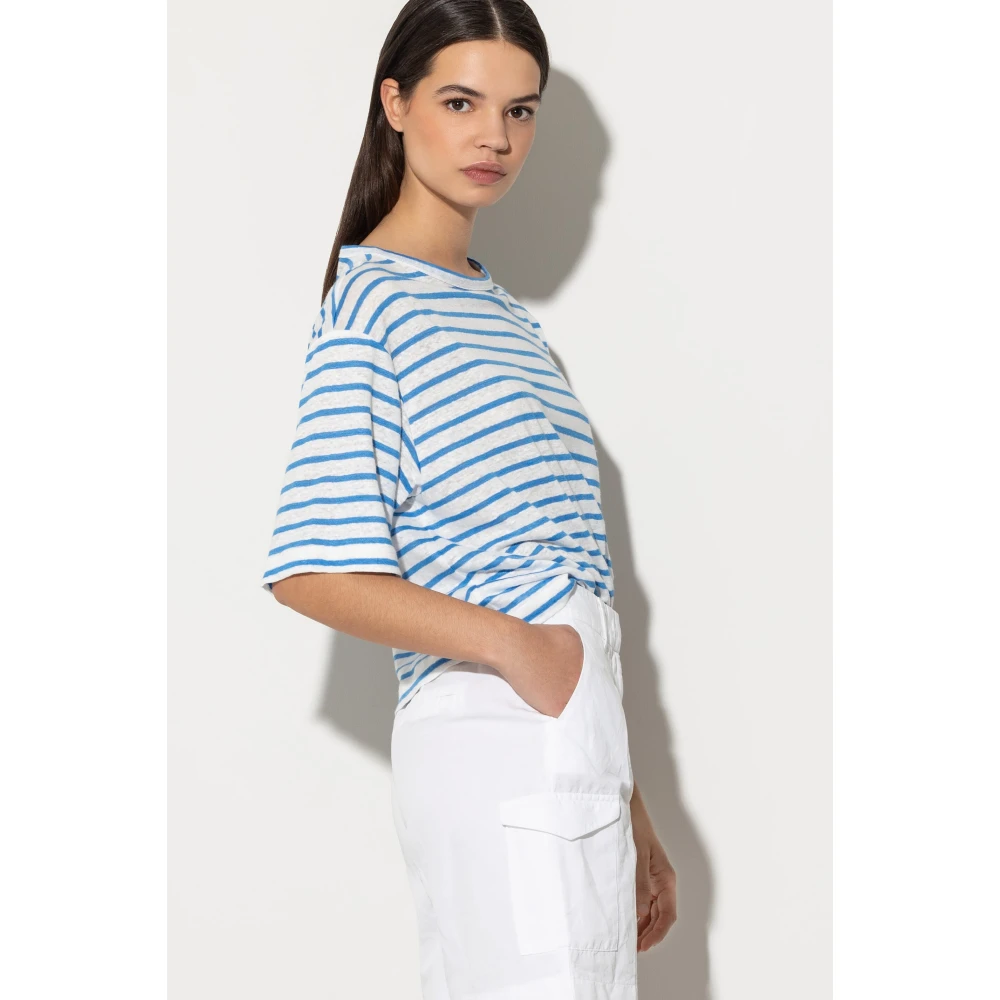 LUISA CERANO Gestreept Linnen T-Shirt Blue Dames