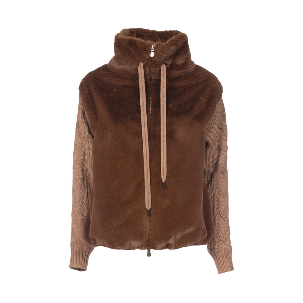 Le Tricot Perugia Ecofur Hoge Hals Jas Wol Zijde Kasjmier Brown Dames