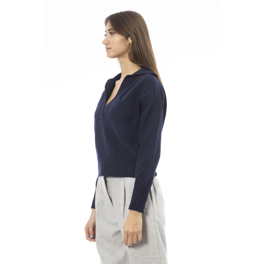 Alpha Studio V-hals trui met voorzak Blue Dames