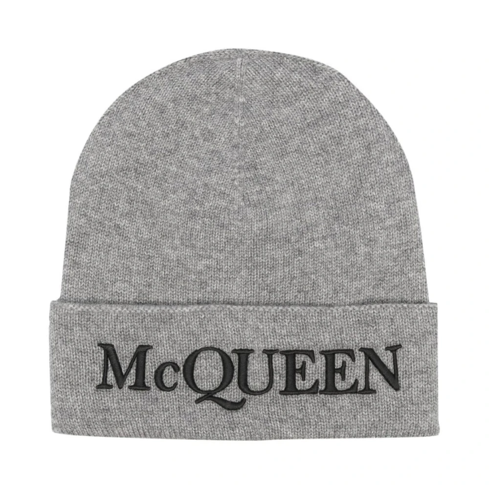 Alexander McQueen Grå Cashmere Beanie Mössa Broderad Logo Gray, Herr