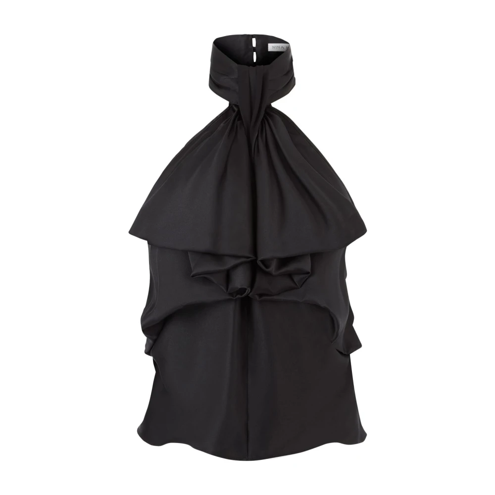 Nina Ricci Zwart Satijnen Halternek Ruches Top Black Dames