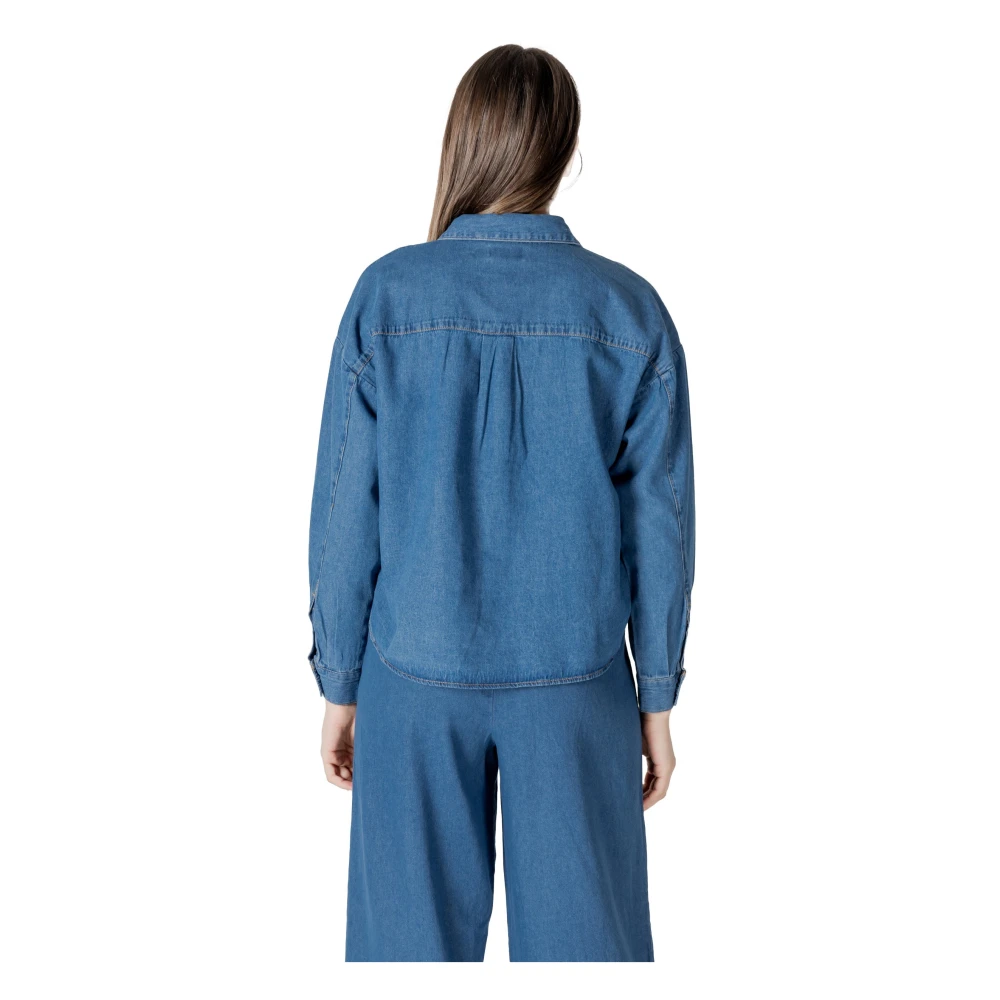 Ichi Blauw Katoenen Knoopshirt met Zakken Blue Dames