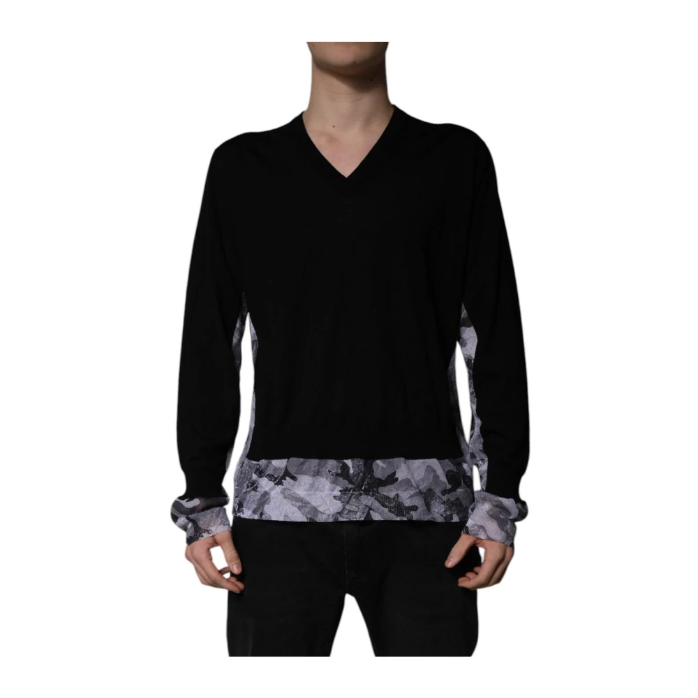 Dolce & Gabbana Men's Black V-Neck Knitwear, 2XL, Camouflage Wool V-Neck Jumper