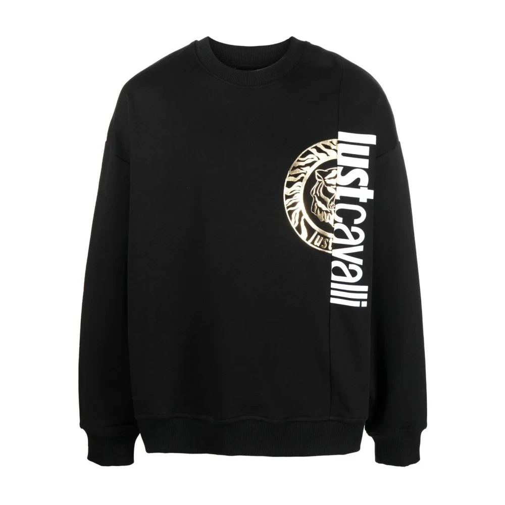 Just Cavalli Men's Black Sweatshirts, M, Round Logo Sweatshirt Cotton Hoodie