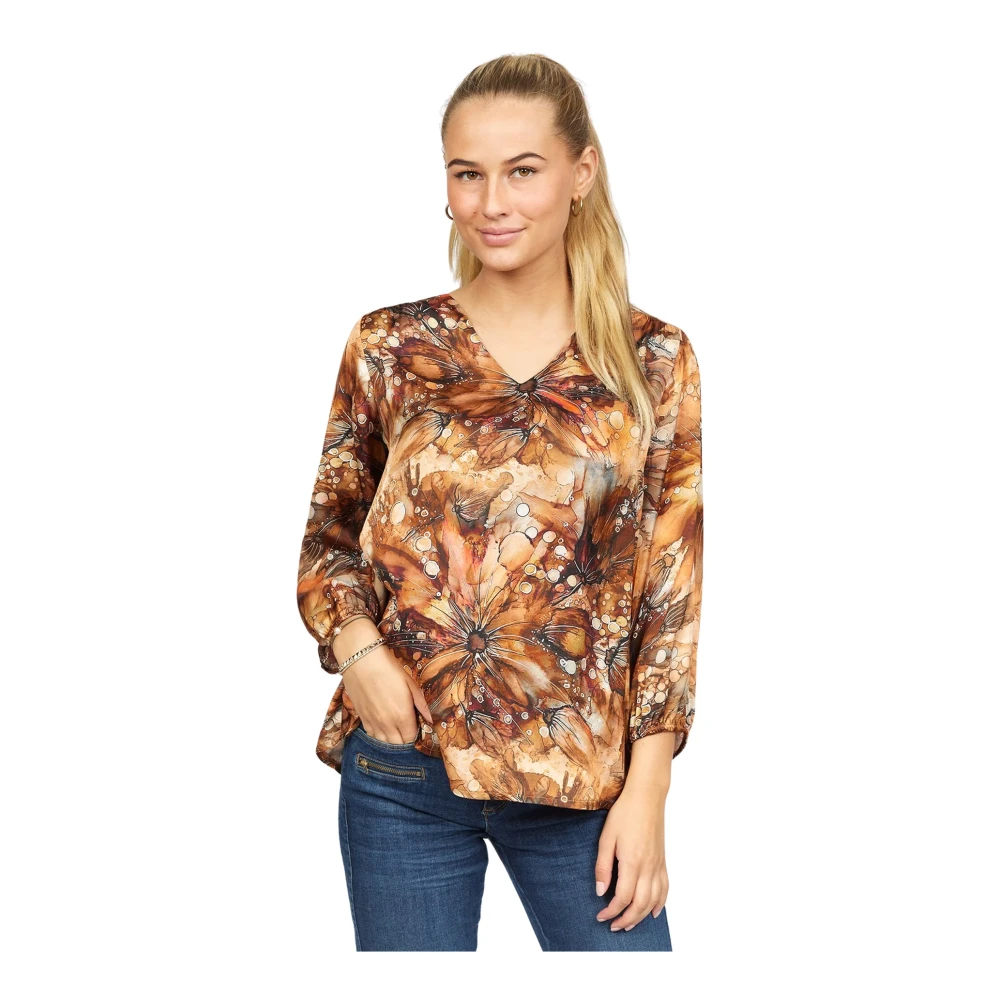 2-Biz Camel Flower Blouse met ¾ Mouwen en V-Hals Multicolor Dames
