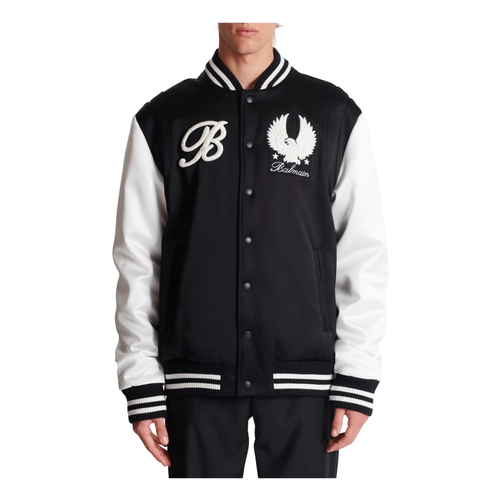 Balmain Satijnen Varsity Jas met Geborduurde Badges Black Heren