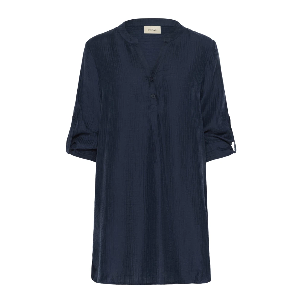 Cream Blue Tunic Dress With V-Neck - Female - Short Dresses - M - Dresses