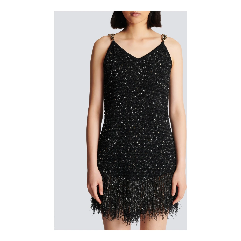 Balmain Franje lurex tweed jurk Black Dames