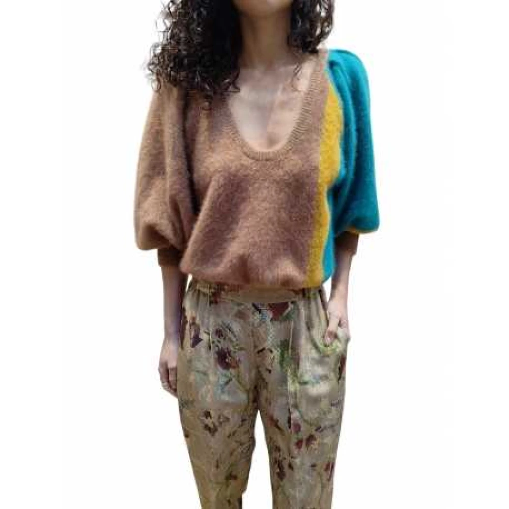 Mes Demoiselles Korte Zijden Vossen Trui Kameel Geel Turquoise Multicolor Dames